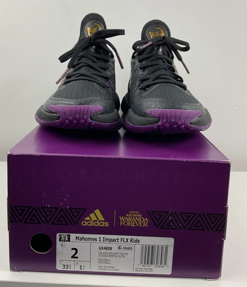 New Adidas Mahomes 1 Impact FLX Boy Size 2 Marvel Black Panther GX9654 With Box - Image 1 of 4