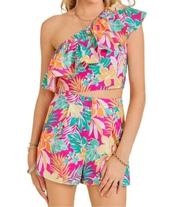 Day + Moon tropical print one shoulder top and shorts set size M - Picture 1 of 5