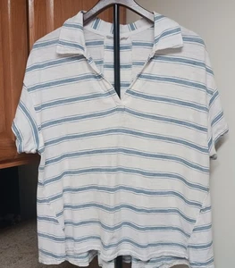Jane Delancey White Blue Striped Women's Polo Shirt Size Large 100% Cotton (B) - Picture 1 of 6
