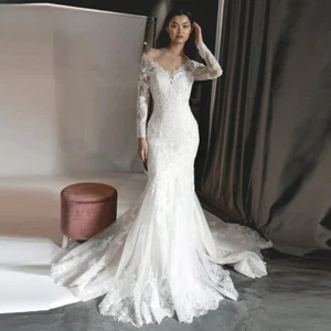 Charming Mermaid Wedding Dresses Full Sleeves V Neck Tulle Lace Applique Gowns - Picture 1 of 6