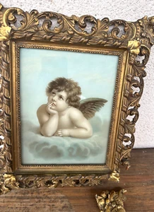 Framed Original Art Cherub Angel Eurpoean Antique Schussler Ornate Frame 10 x 12 - Picture 1 of 8