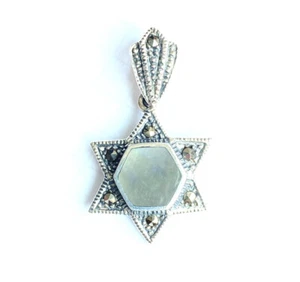 ABALONE SHELL Jewish Star of David PENDANT Marcasite .925 STERLING SILVER - Picture 1 of 3