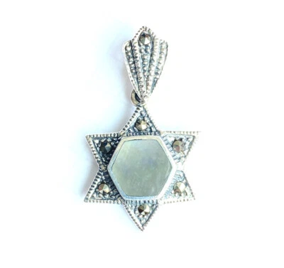 ABALONE SHELL Jewish Star of David PENDANT Marcasite .925 STERLING SILVER - Image 1 of 3