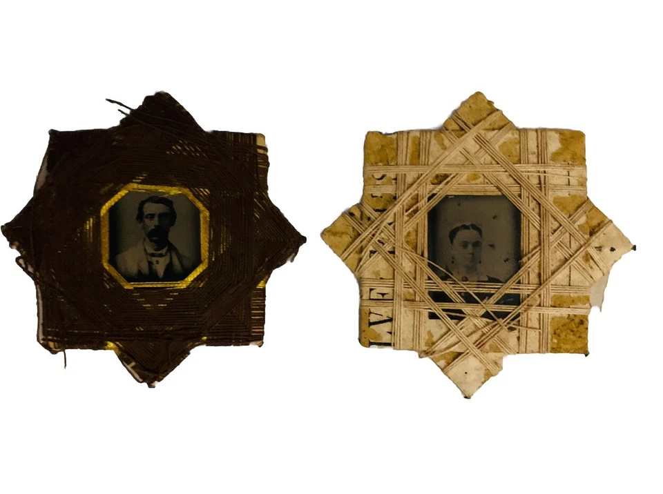 VICTORIAN STAR TINTYPE Thread Frame DAGUERROTYPE Primitive String Art MAN WOMAN - Image 1 of 4