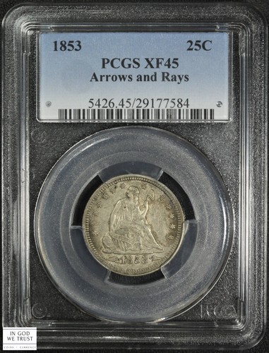 1853 Arrows & Rays Seated Liberty Silver Quarter 25C Pcgs Xf 45