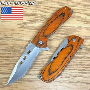 8.75" Wood Handle Tactical Spring Assisted Folding Pocket Knife Open Blade - Picture 1 of 6