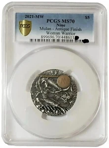 2021 2 Oz Silver $5 Niue Woman Warrior MULAN PCGS MS70 Gold Shield Coin. - Picture 1 of 8