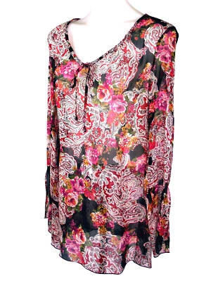 Nuevo sin etiquetas Top túnica Sunny Leigh negro, rojo, blanco floral seda transparente con manga dividida M Foto 1 de 4