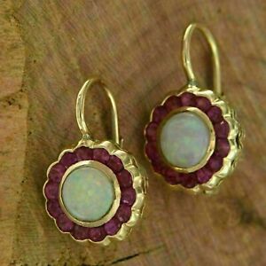 14K Yellow Gold Plated 2Ct Round Simulated Fire Opal  Bezel Drop/Dangle Earrings