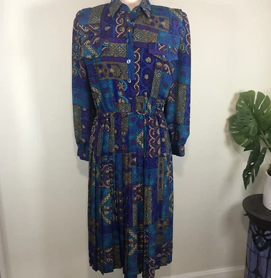 Vintage 80s Leslie Fay Dress 10 Petite Pleated Bright Blue Purple Shoulder Pads - Image 1 of 4