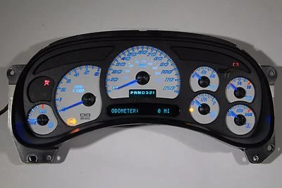 03-06 FACTORY REBUILT CUSTOM SS WHITE GAUGE BLUE LED SILVERADO WHOLE CLUSTER BB - Image 1 of 3