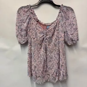 Cece Womens M Light Pink Floral Tie Front Short Sleeve Blouse Top NWT CU71 - Picture 1 of 3