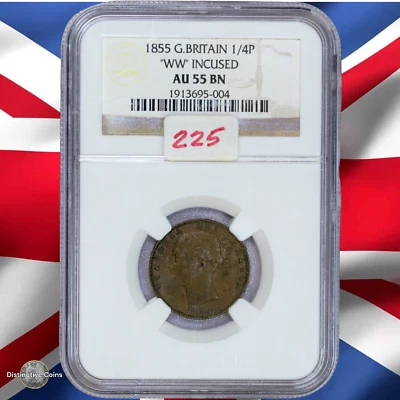 Great Britain 1855 WW Incused Farthing NGC AU55BN - GBS043 - Image 1 of 2