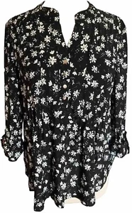 COCOMO XL Black White Floral 3/4 sleeve women's Pintuck Blouse shirt Tunic - Picture 1 of 12