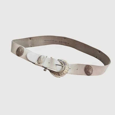 Chicos Cuero Genuino Blanco Cinturón Western Boho Medallón Hebilla Plateada Pequeño Foto 1 de 4