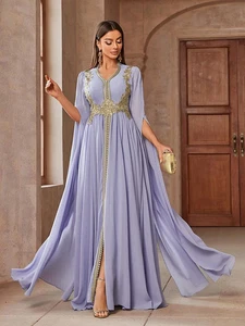 Luxus Arabische Party Abendkleider Damen V-Ausschnitt Applikation Cape Muslim Kleid - Bild 1 von 8