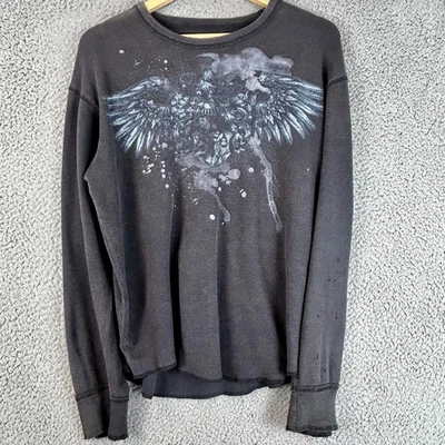 Y2K Vintage Stranded Thermal Shirt Eagle Skull Goth Graphic Size Large Black - Image 1 of 4