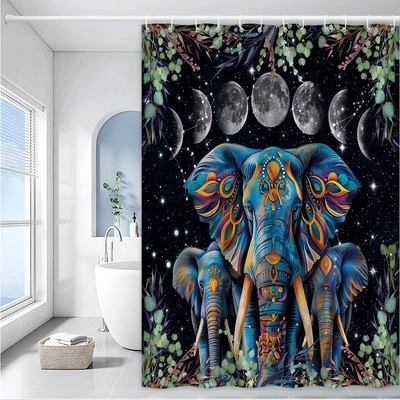 Colorido Elefante Cortina de Ducha Boho Indio Arte Étnico Divertido Animal Baño Foto 1 de 4