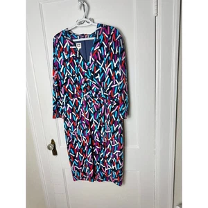Anne Klein Navy Confetti Colorful 3/4 Sleeve Faux Wrap Sheath Dress Size 2X Plus - Picture 1 of 8