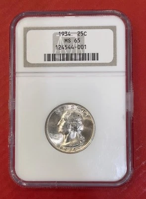 1934 P Washington Silver Quarter, Light Motto, NGC Graded MS65. - Image 1 of 4