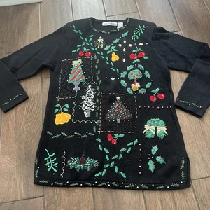 Victoria Jones Vintage Weihnachtspullover Strickjacke schwarz bestickt Perlen Gr. S - Bild 1 von 10