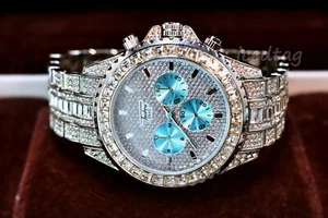 MENS ICED HIP HOP WH. GOLD PT TRENDY CHRONOGRAPH CLUBBING AQUA DIAL BLING WATCH - Picture 1 of 6