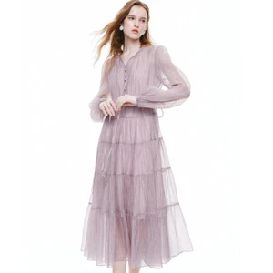 Vestido largo estilo francés cuello en V para mujer manga larga abullonada estilo elegante damas talla - Imagen 1 de 6