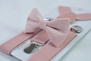 Blush Dusty Rose Pink Velvet Bow tie + Matched Elastic Suspenders for all ages - Picture 1 of 9