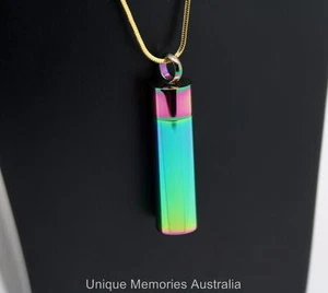 316L Stainless Steel Rainbow Reflections Cylinder Cremation Keepsake Urn Pendant - Picture 1 of 8