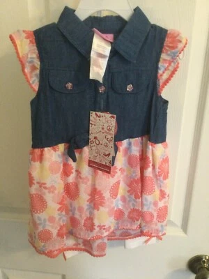 Young Hearts Rosa Floral Azul Denim Vestido Conjunto Dos Piezas 4T Nuevo Foto 1 de 4