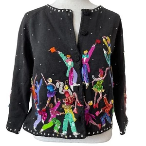 Michael Simon Cardigan Broadway Dancers Sequins Wearable Art Size Medium Vintage - Picture 1 of 12