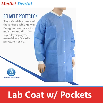 10/Pcs Dynarex Medical Lab SMS Jackets Coats 40g w/ Knit Cuffs 3 Pockets S/M/L X - Image 1 of 4