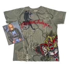 Christian Audigier Men's size Large L green red tshirt Signed photo RAVEN
