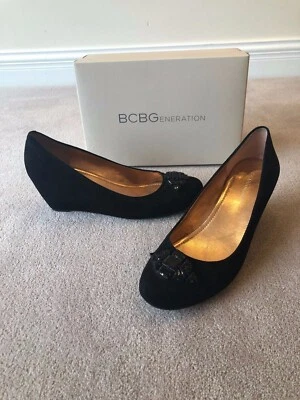 BCBGeneration BG-Treese Black Suede Pump Wedge Jewel Toe Womens Shoe Size 9.5M - Image 1 of 4