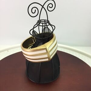 Chunky Wide Striped Gold White Enamel Clamper Bracelet Lia Sophia 