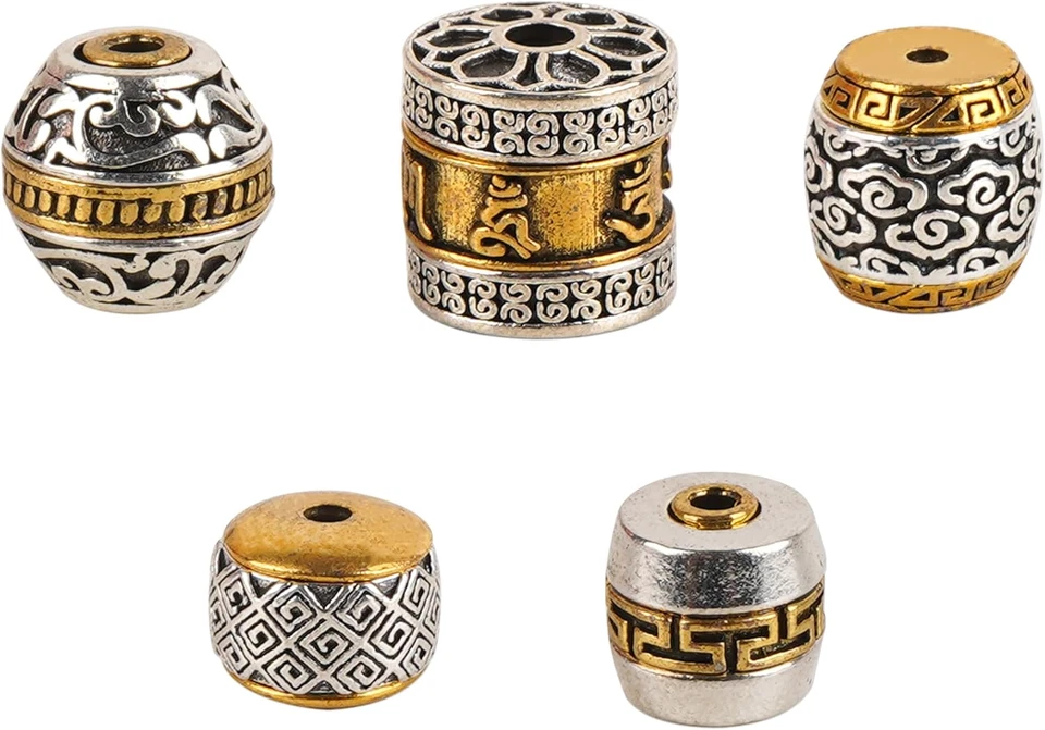 Cuentas antiguas tibetanas Om Mani Padme Hum redondas de plata y oro 5 piezas - patrón de nube Foto 1 de 4