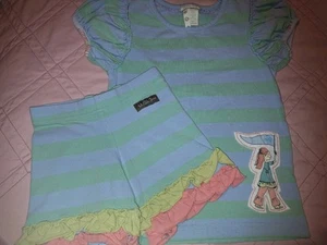 Matilda Jane Matching Blue And Green Striped Shorts Outfit Size 4 - Picture 1 of 8