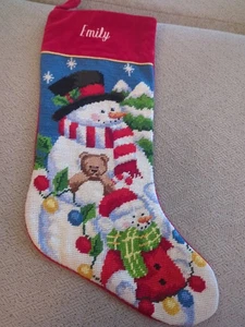 Christmas Stocking Wool Needlepoint Snowman - Emily - North Pole Trading - Picture 1 of 3