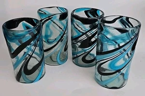 4 Mexikanische Mundgeblasene Wassergläser Türkis Blau & Schwarz Wirbel Set Posten - Bild 1 von 3