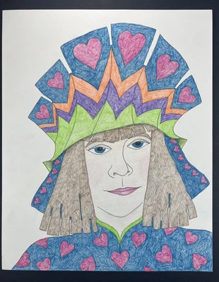 "Sombrero de corazón azul para mujer con zigzags arte popular americano dibujo de moda 14x11""" Foto 1 de 4