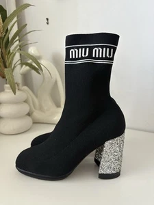 MIU MIU Glitter Accents Black Sock Boots 36 - Picture 1 of 11