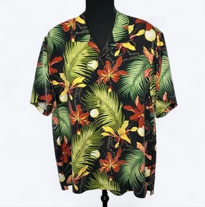 Camicia seta hawaiana Tommy Bahama taglia L nera floreale foglie di palma lanterne cervo - Foto 1 di 12