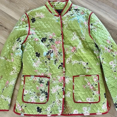 Chaqueta Acolchada Anne Carson 100% SEDA Verde Floral Inspirada en Asia Boho Artística L Foto 1 de 4