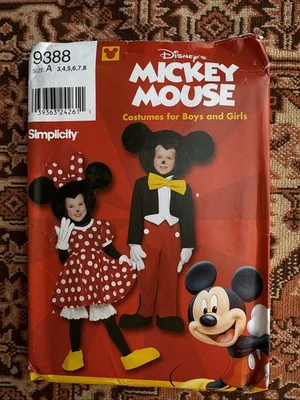 Simplicity 9388 Mickey Mouse Costume  sewing Pattern Childs Size A 3 to 8 Uncut - Image 1 of 4
