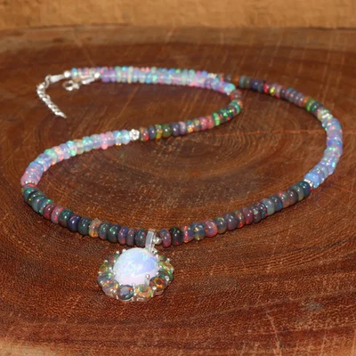 Ciondolo collana opale etiope bianco nero ciondolo argento sterling 925... - Immagine 1 di 4