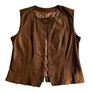 Vintage Brown Leather Vest Open Front 80's Western Genuine Leather Neto Boho - Picture 1 of 11
