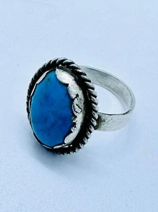 Old Pawn Deep Blue High Grade Natural Turquoise Cabochon Silver Ring - Picture 1 of 11