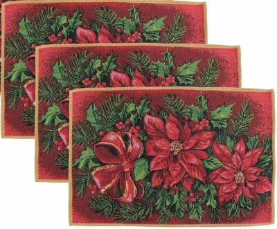 Set of 3 Tapestry Placemats,13"x19", CHRISTMAS POINSETTIA FLOWERS & BERRIES, VL - Image 1 of 4