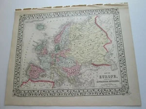 ONE (1) 1867 MITCHELL  ATLAS MAP, "EUROPE SHOWING, GREAT POLITICAL DIVSIONS"   - Picture 1 of 3