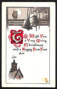 Weihnachten / Happy New Year Postkarte Kirche Glocken Eule Mondschein 1914 PM sehr guter Zustand - Bild 1 von 2